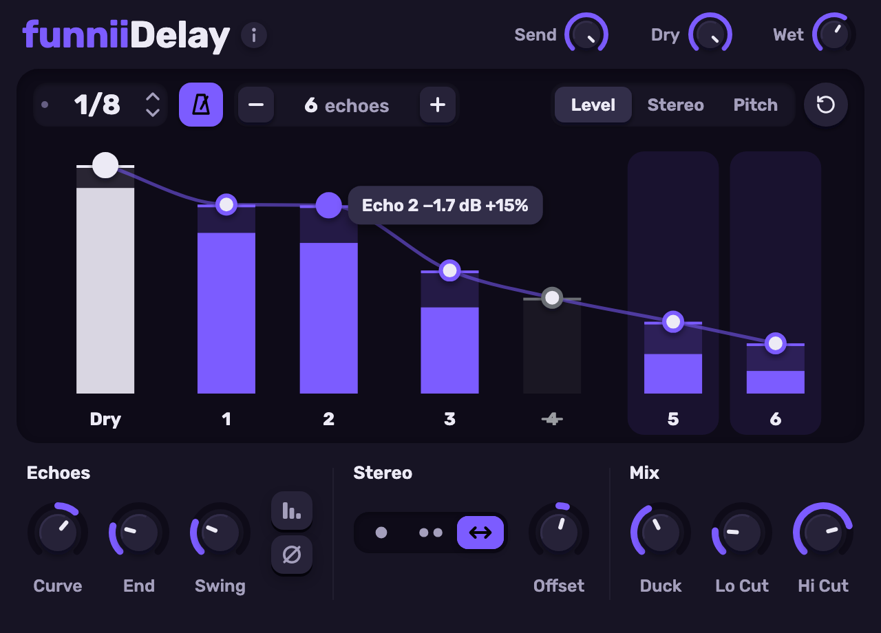 The funniiDelay editor: a row of echo bars with a decay curve