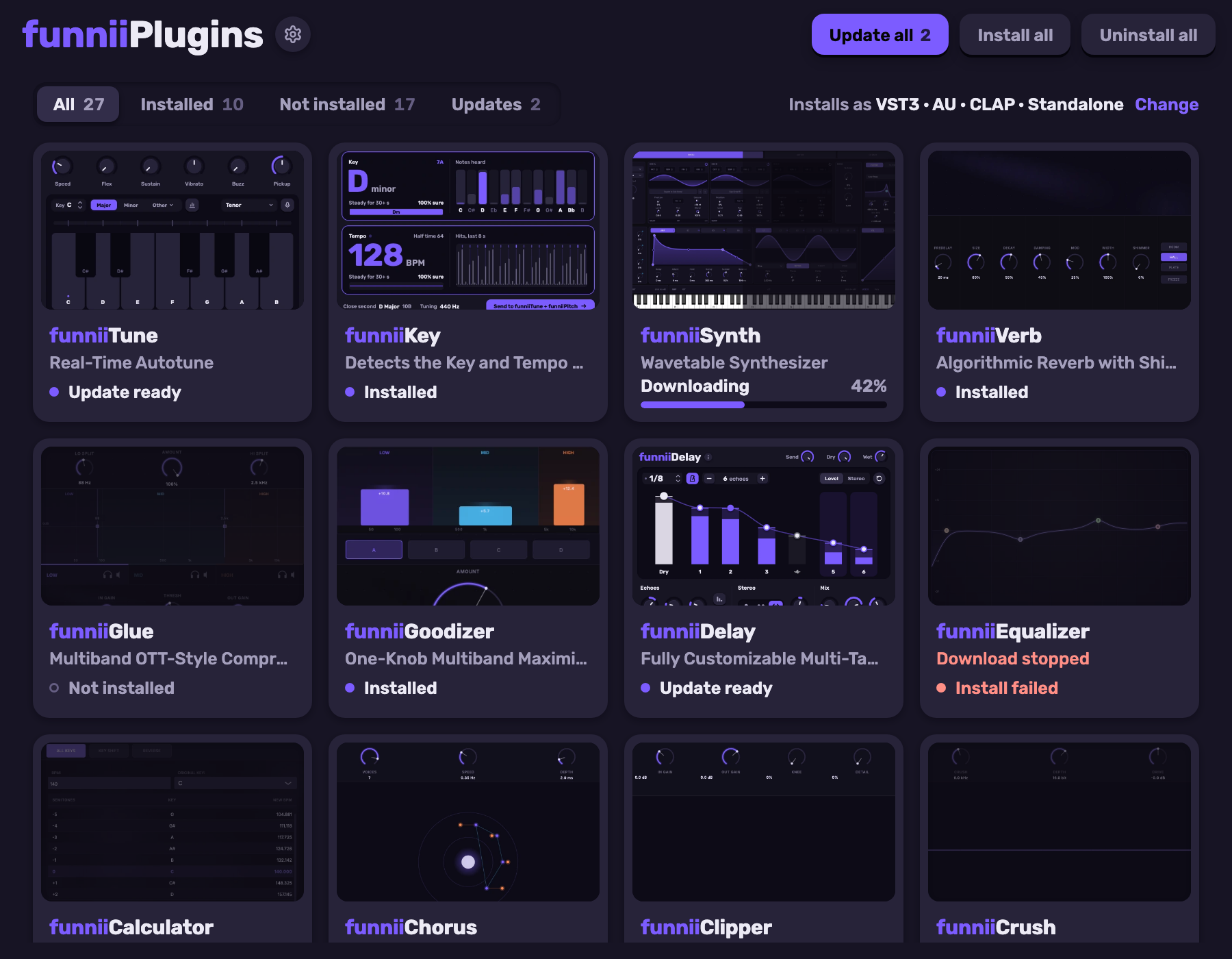 The funniiPlugins app: a grid of plugin tiles, each with a live preview of its editor