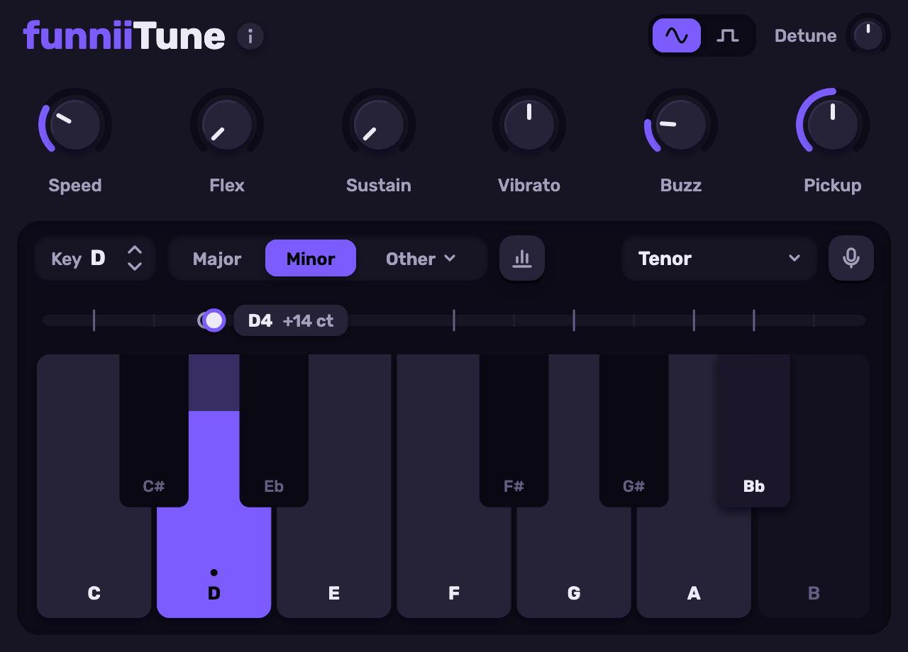 The funniiTune editor: six knobs above a keyboard